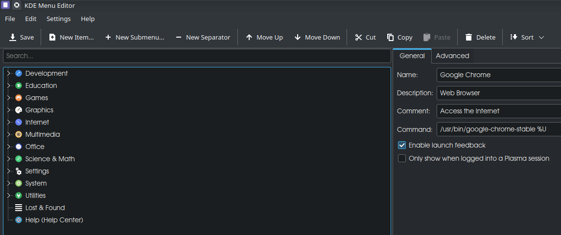 KDE Menu Editor - kmenuedit application window